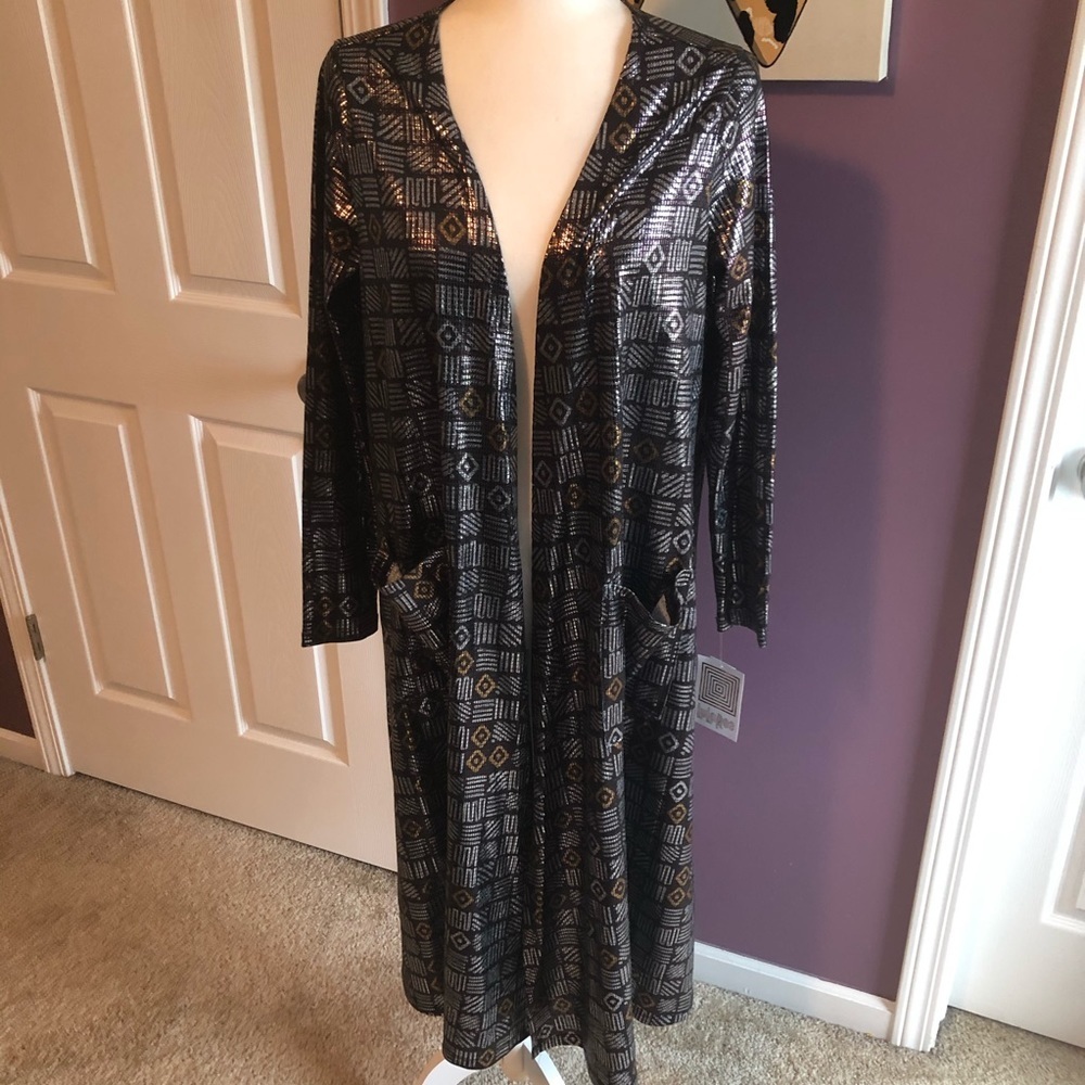 Lularoe elegant Sarah black metallic gold medium sweater cardigan